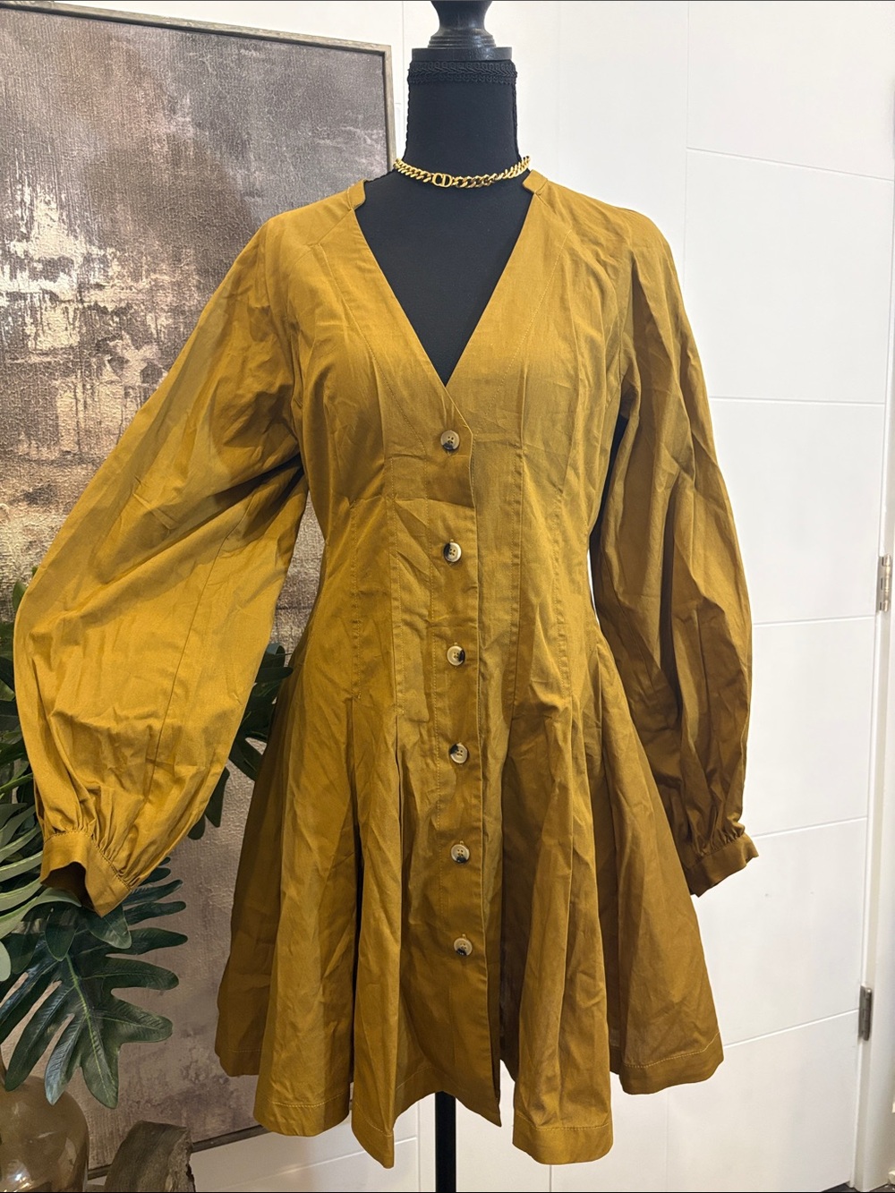 Anthropologie Mustard Button-Front Mini Dress with Balloon Sleeves 100% Cotton